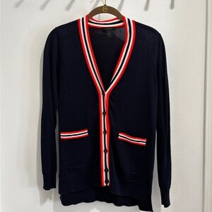 J.Crew navy cardigan with orange and white stripe trim